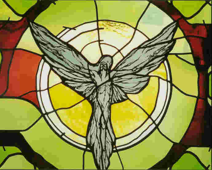 Detail of the "Trinity" window at Queen of Peace - the symbols of...